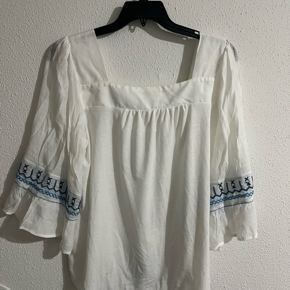 Parallel Threads White Peasant Blouse With Blue E… - image 4